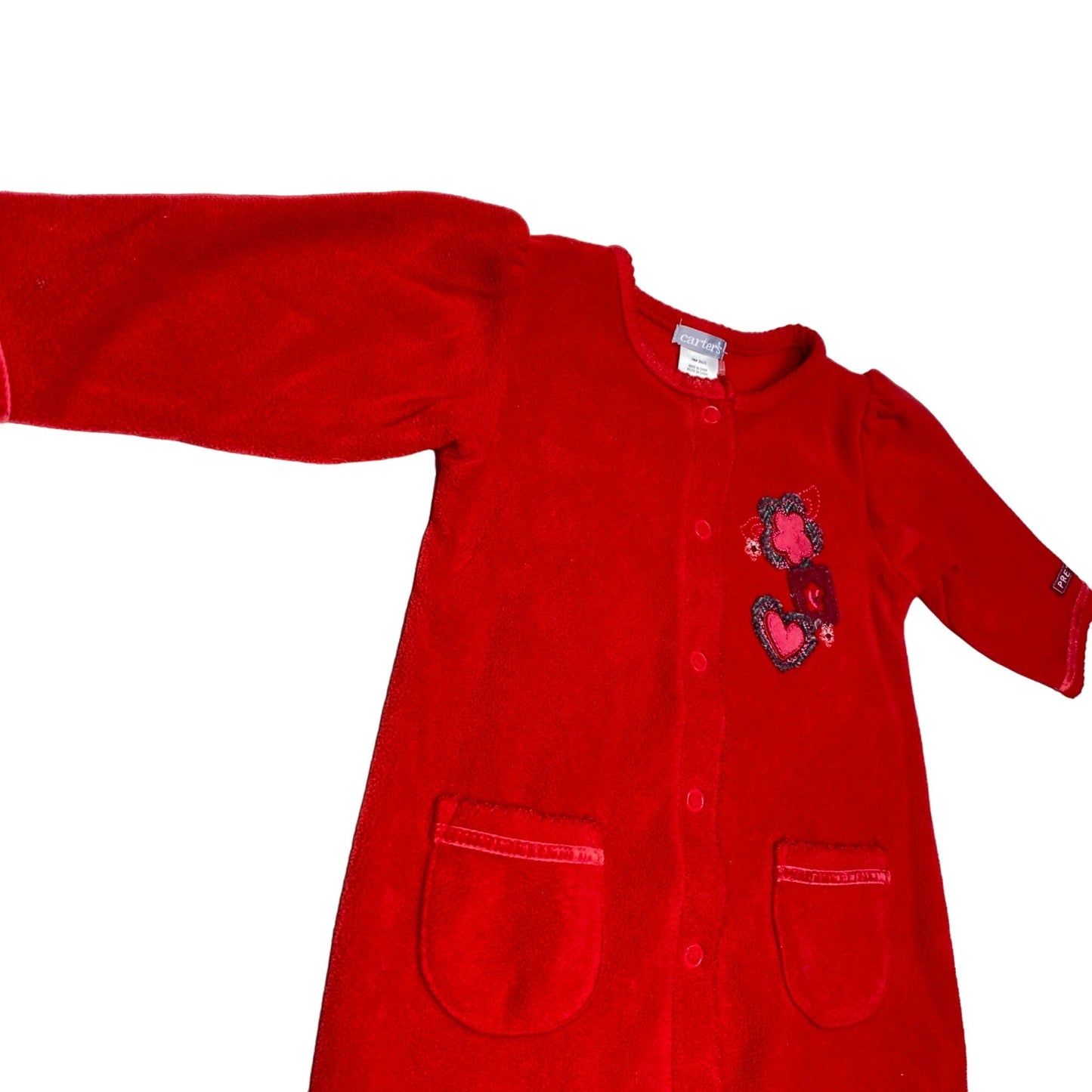 Carters 9M Red Fleece Onesie Full Snap Pretty Heart Floral Embroidered Valentine