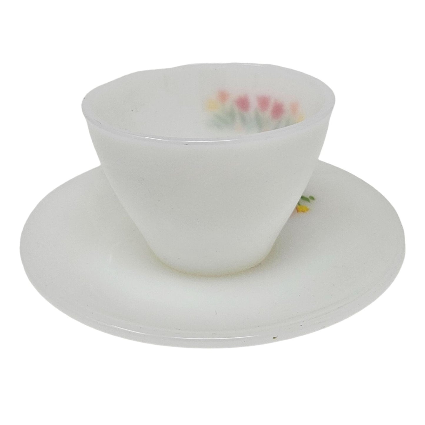 Vintage 1950s Anchor Hocking Fire King Milk Glass Tulip Tea Cup and Saucer Set