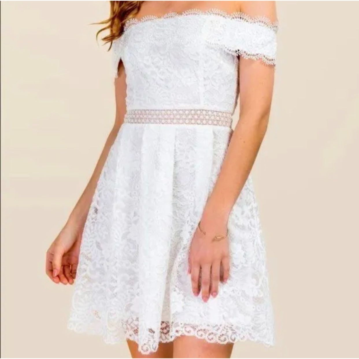 Francescas M White Lace Mini Dress Fit Flare Off Shoulder F17D412-B Lined Zip