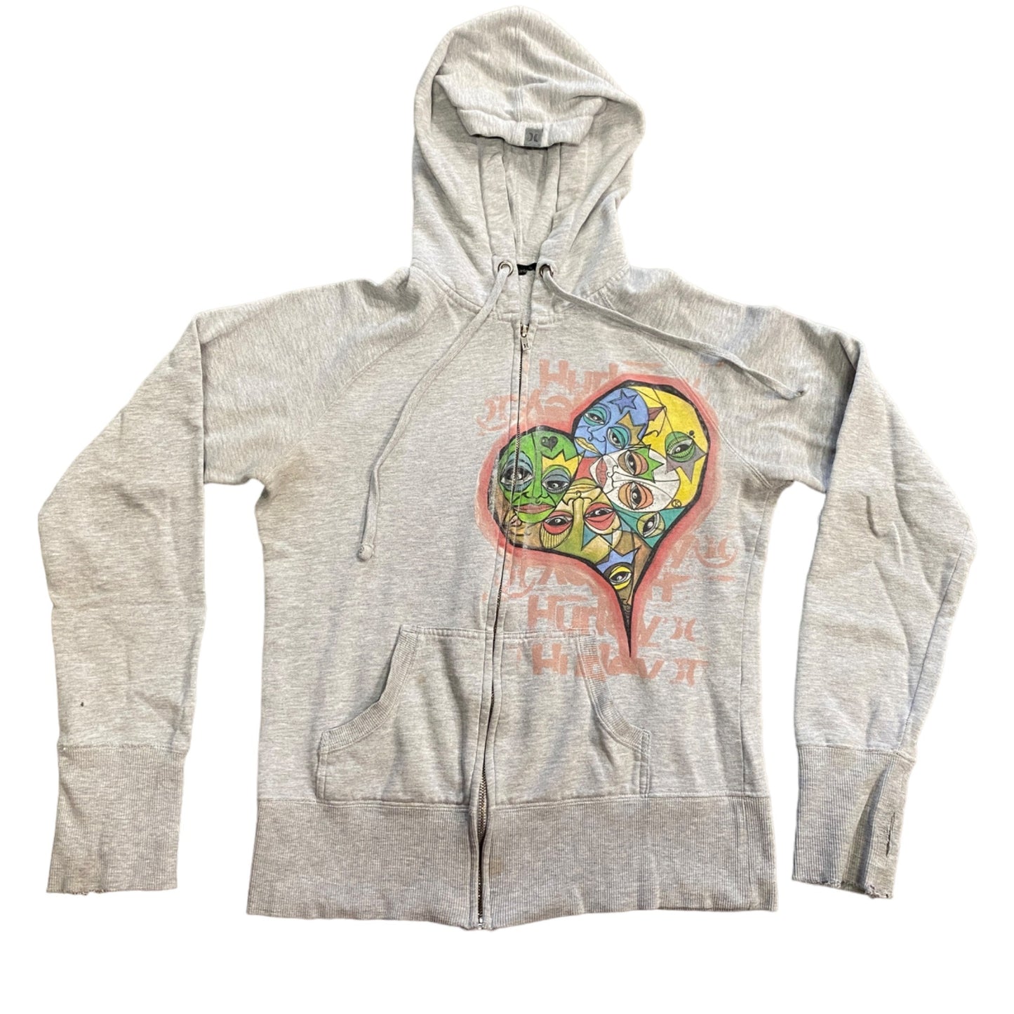 Hurley Womens L Gray Hoodie Faces of Love Graphic Print Full Zip Thumbhole Heart