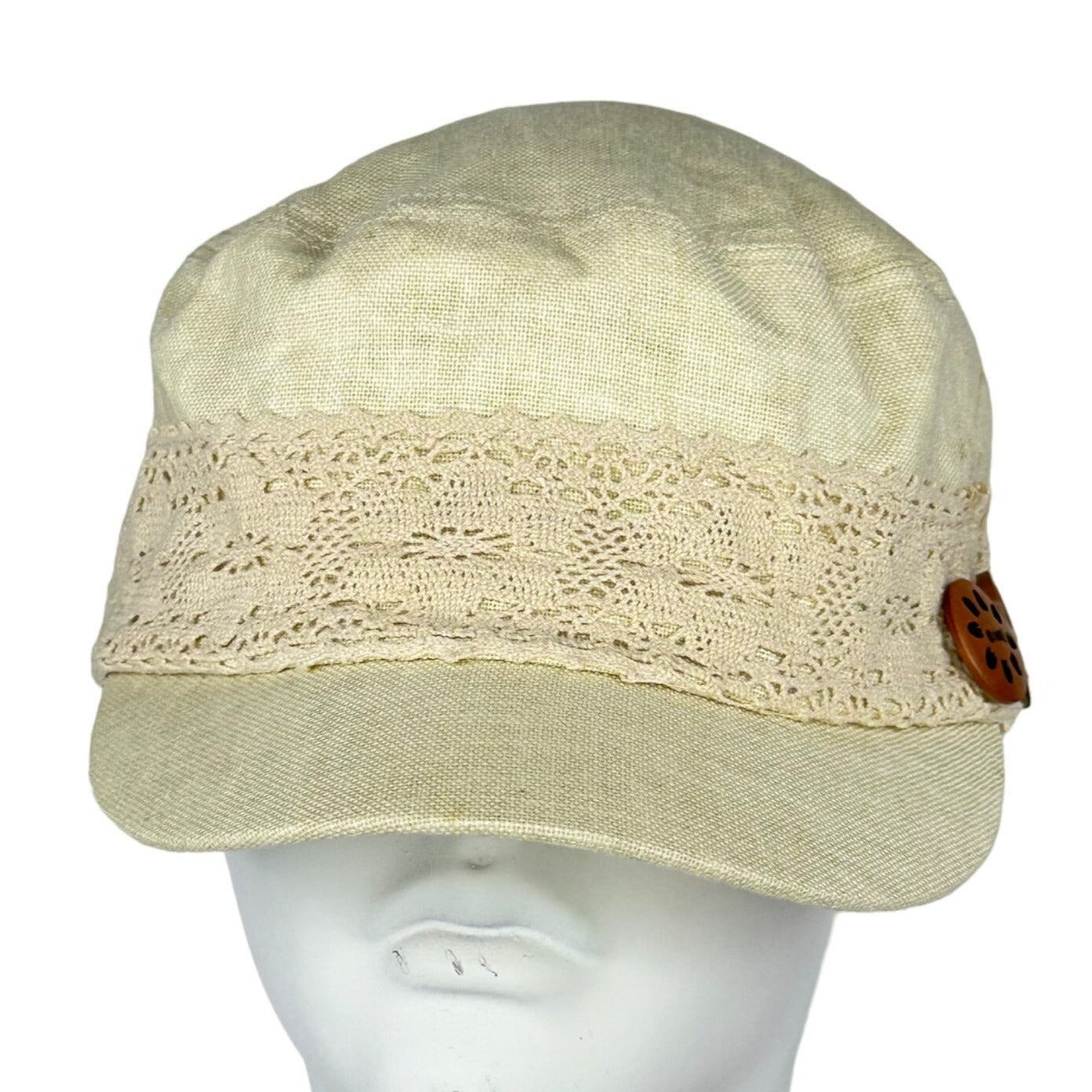 Croft and Barrow Womens Lace Linen Cap Buttons Elastic Stretch Pageboy Hat