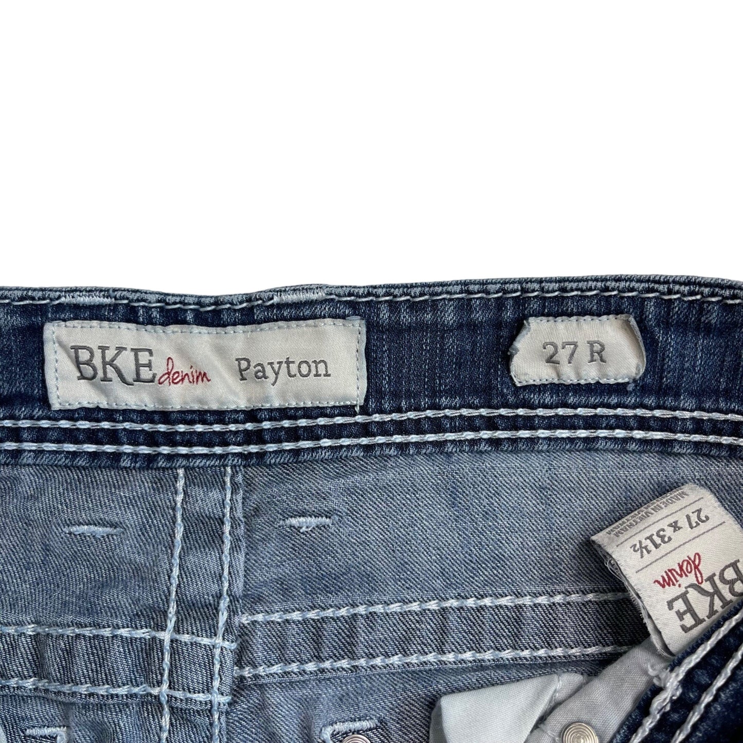 BKE Denim Payton 27R Blue Jeans Distressed Thick Stitch Straight Leg Stretch