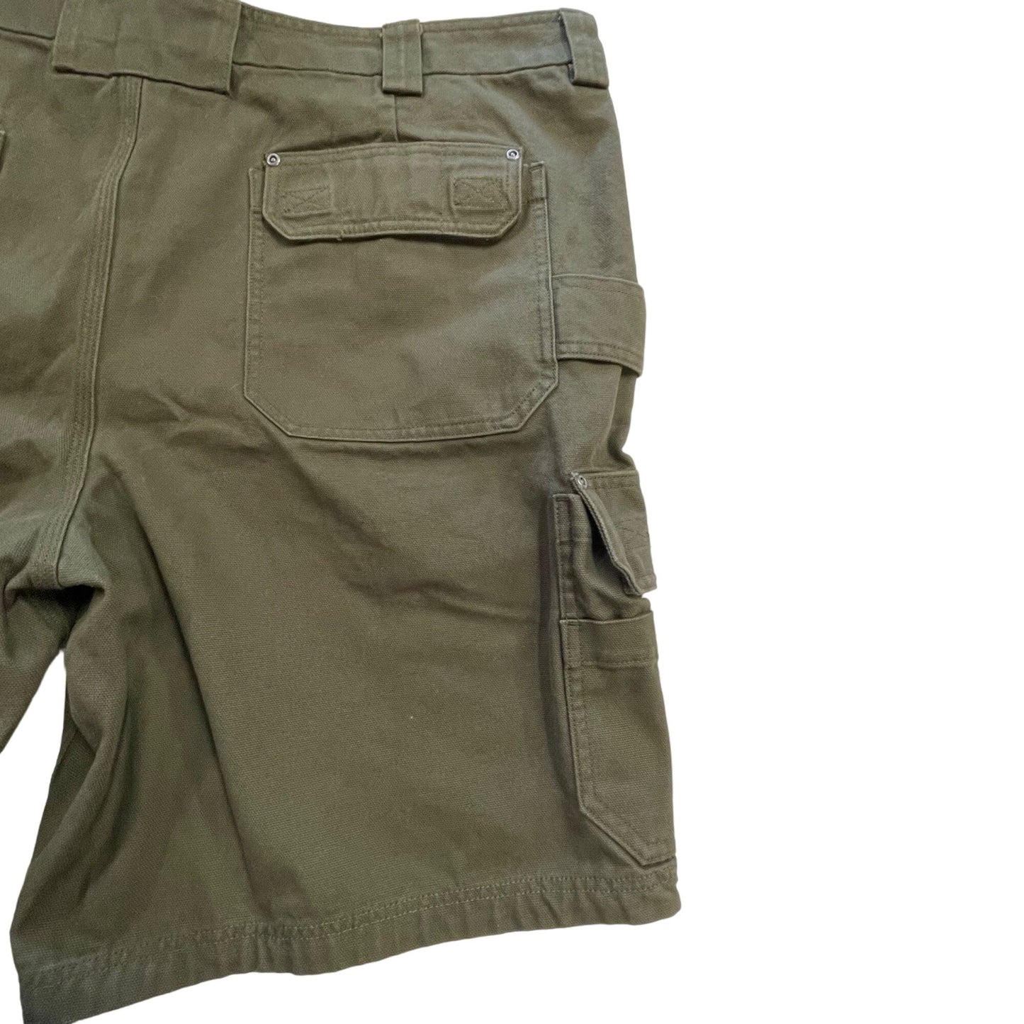 Duluth Trading Mens 46 Green Thick Canvas Cargo Shorts Utility Pockets Belted