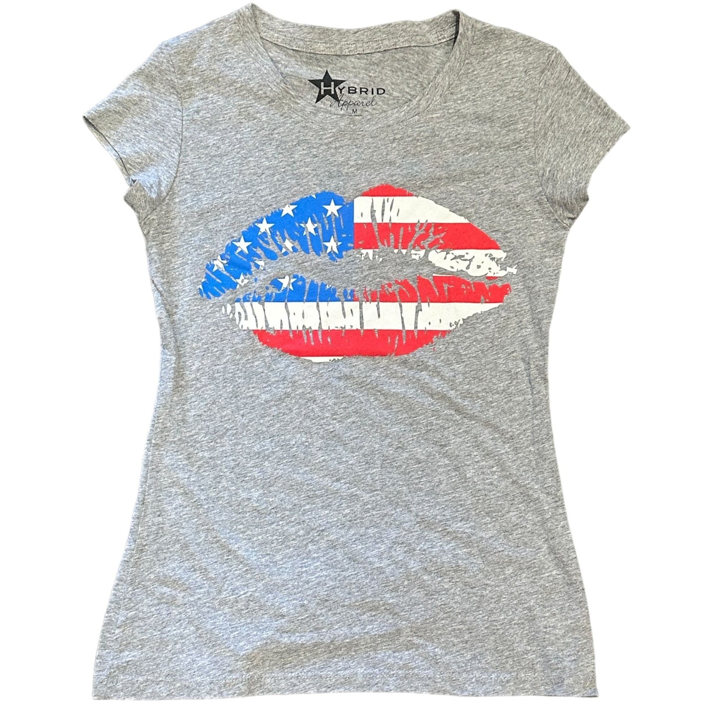 Hybrid Apparel Womens M Patriotic Kiss Tshirt USA Flag Lips Gray Short Sleeve