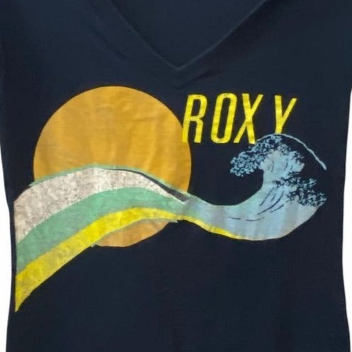 Roxy XS Blue Tshirt Sun Wave Beach Surf Graphic Print Short Sleeve Vneck Casual