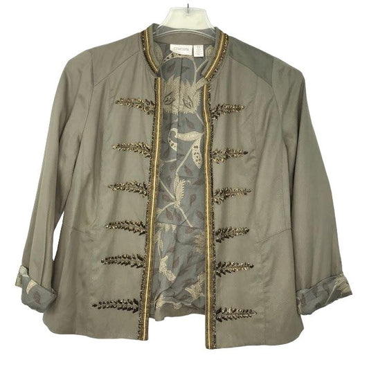 Chicos S Olive Green Jacket Military Style Cuffed Sleeve Open Front Mandarin