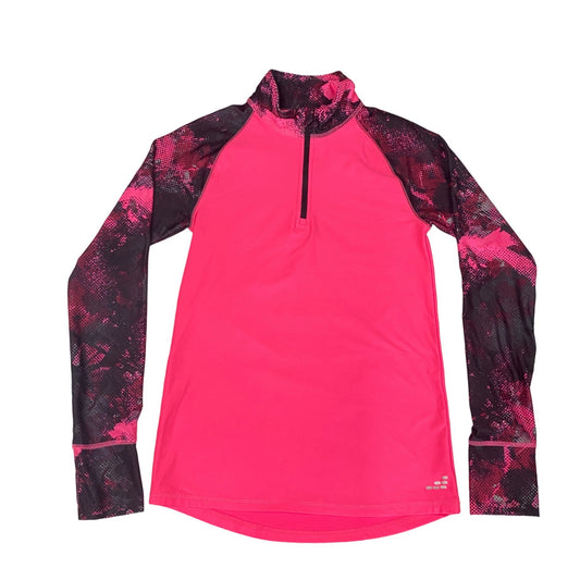 BCG Girls L 12/14 Pink Pullover 1/4 Zip Mock Neck Leafy Camo Thumbhole