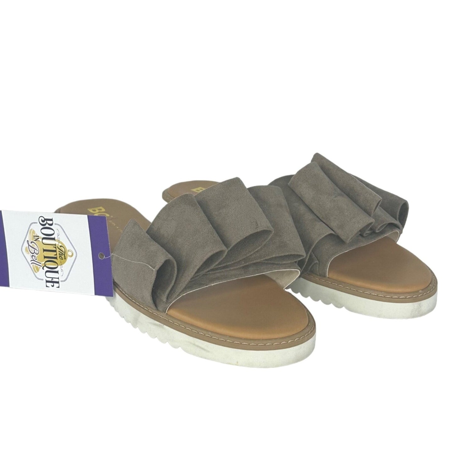 NWT BC Footwear Womens 7.5 Taupe Slip On Sandals Flat Open Toe Ruffle Casual