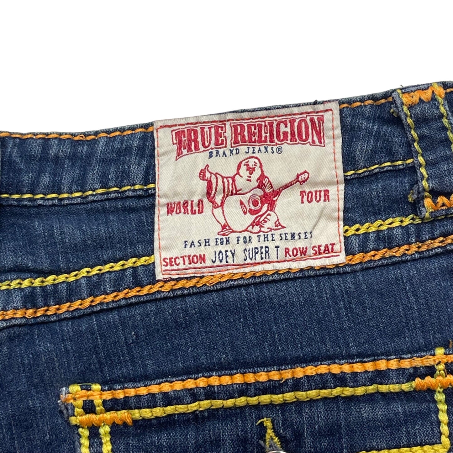 True Religion Womens 32 Joey Super T Shorts Blue Denim Thick Yellow Stitching