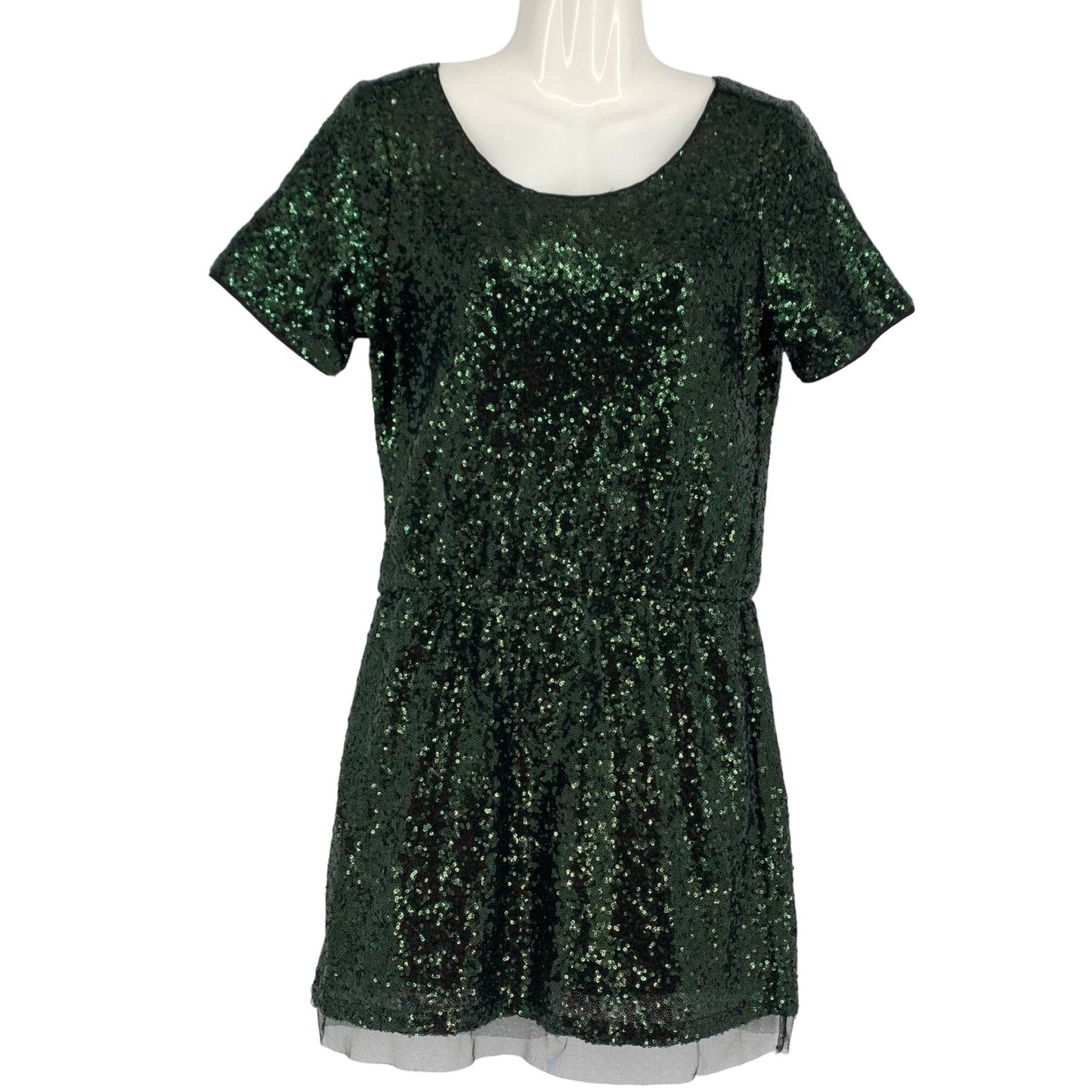 Lucy Paris S Green Sequin Cocktail Mini Dress Lined Short Sleeve Round Neck