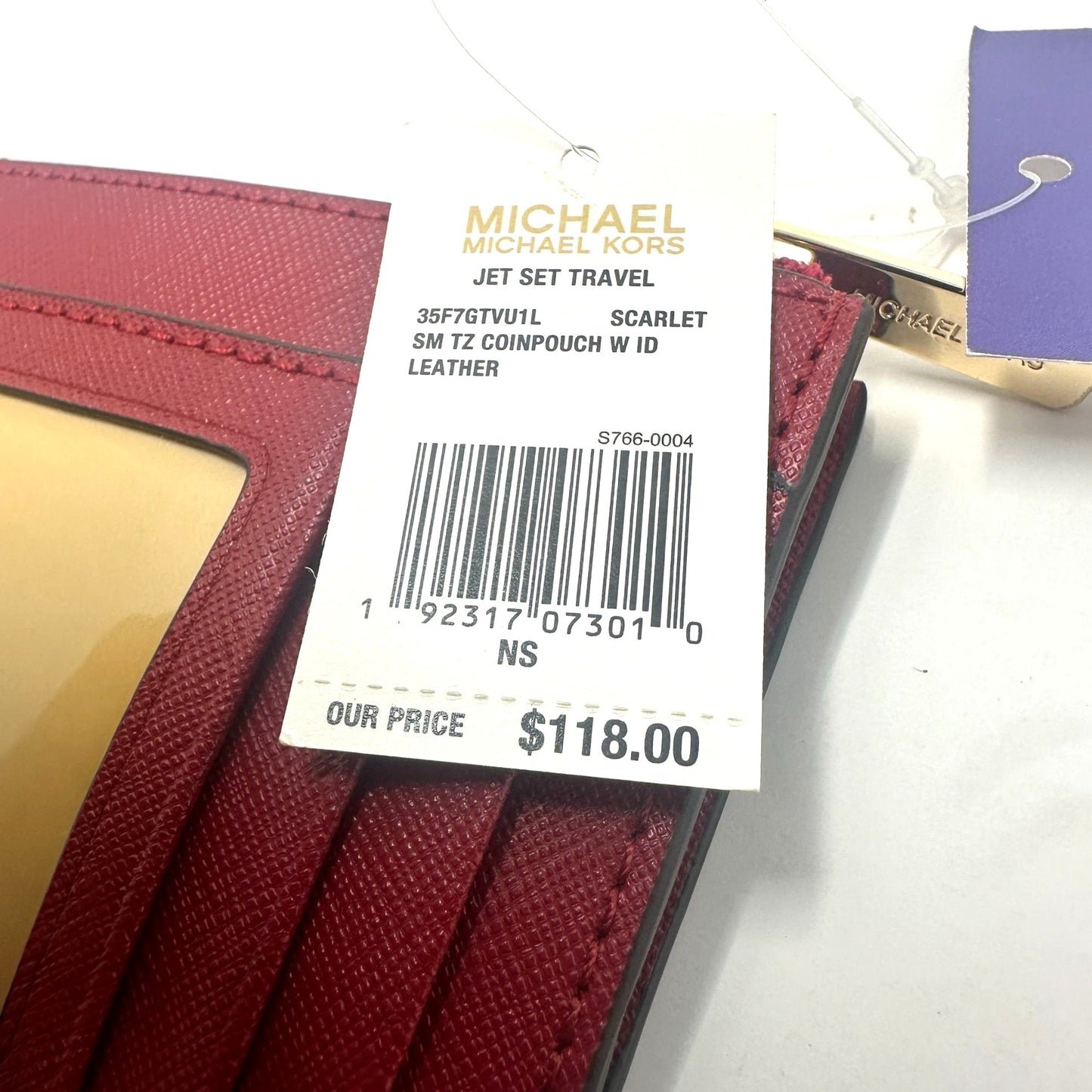 NWT Michael Kors Jet Set Travel Scarlet Leather Coinpouch Wallet Gold Accents