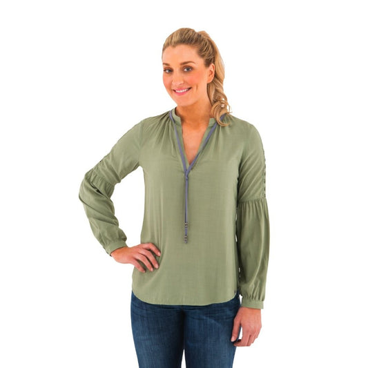 NWT Noble Outfitters XS Olive Green Western Boho Lace Long Sleeve Tassel Blouse