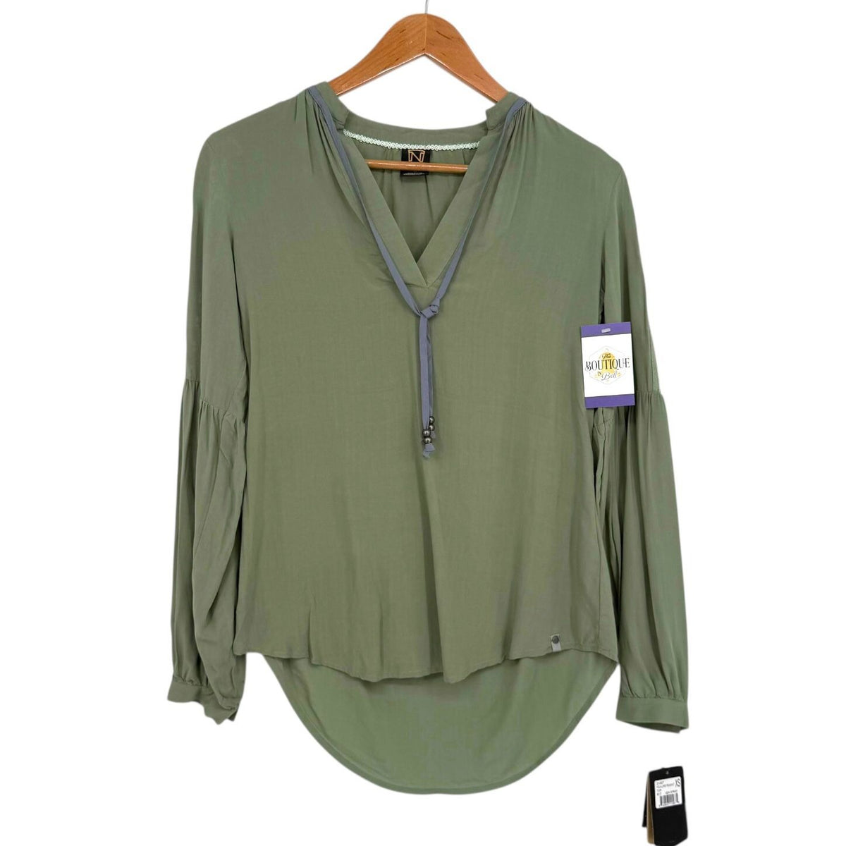 NWT Noble Outfitters XS Olive Green Western Boho Lace Long Sleeve Tassel Blouse