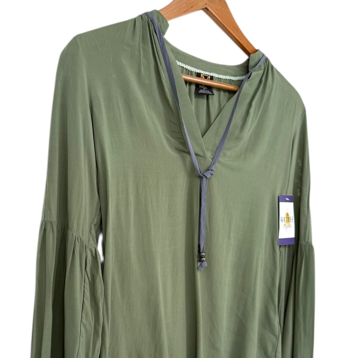 NWT Noble Outfitters XS Olive Green Western Boho Lace Long Sleeve Tassel Blouse
