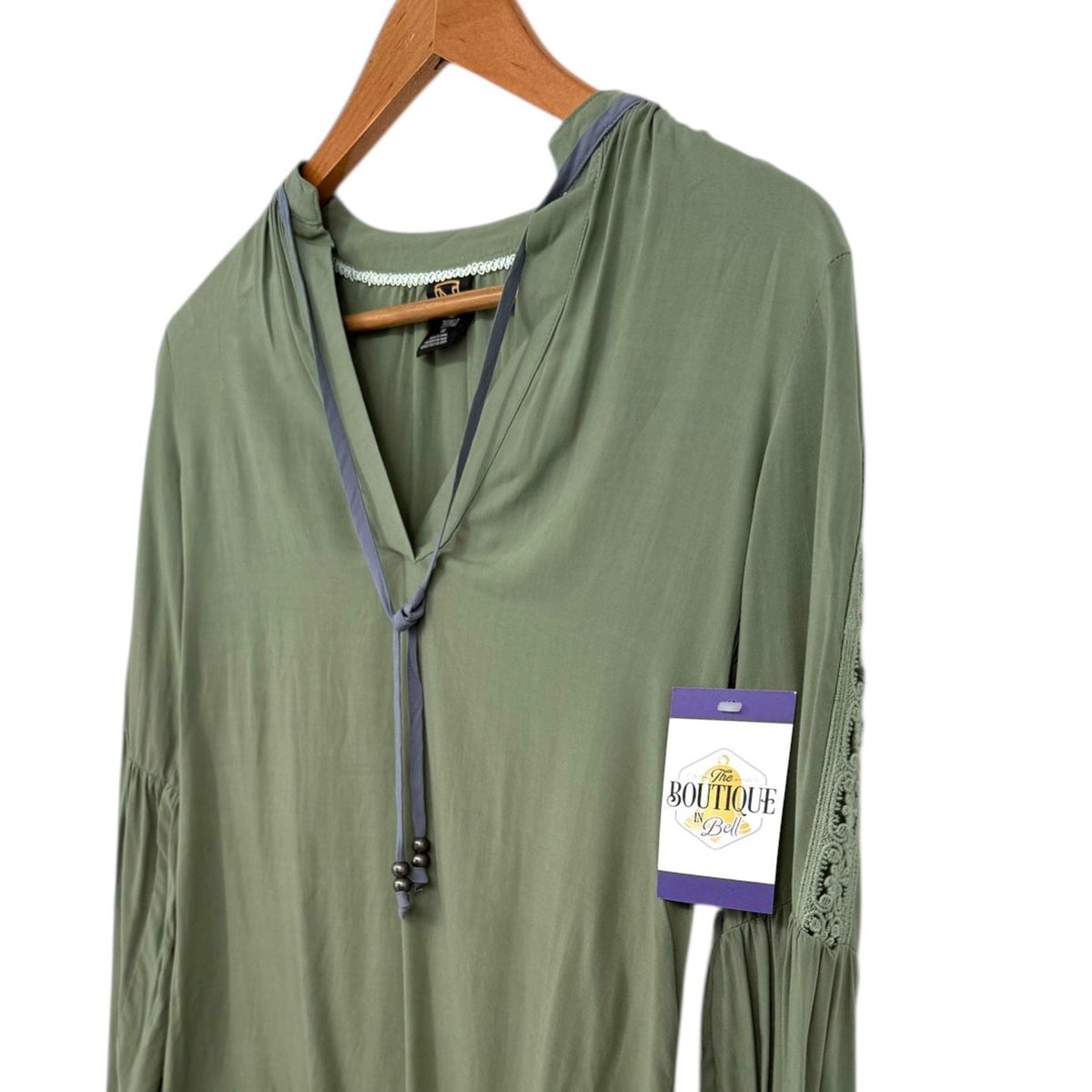 NWT Noble Outfitters XS Olive Green Western Boho Lace Long Sleeve Tassel Blouse