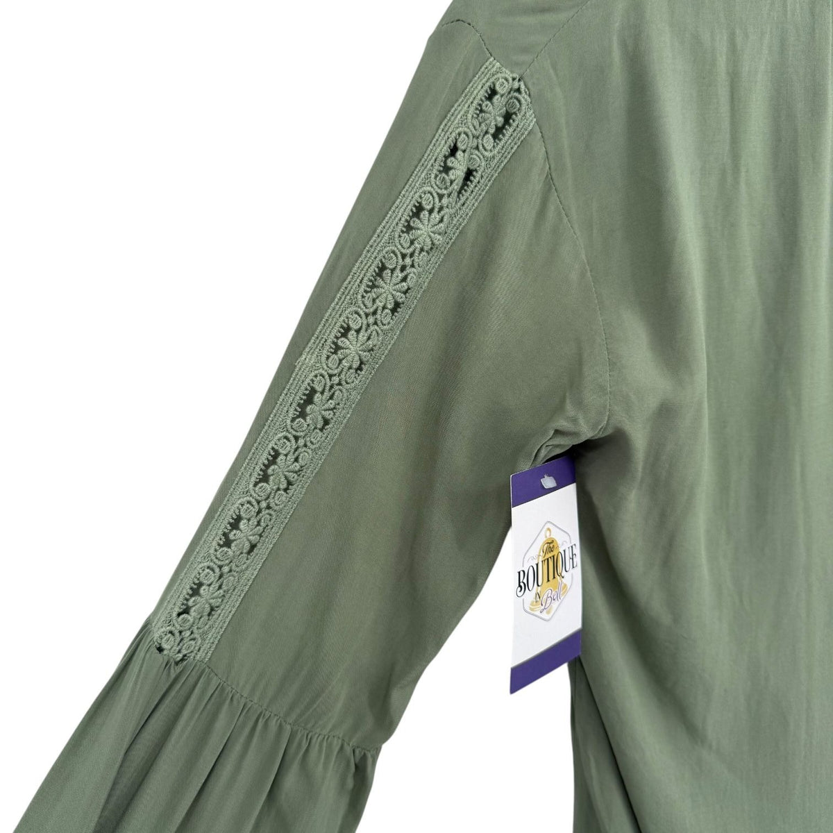 NWT Noble Outfitters XS Olive Green Western Boho Lace Long Sleeve Tassel Blouse