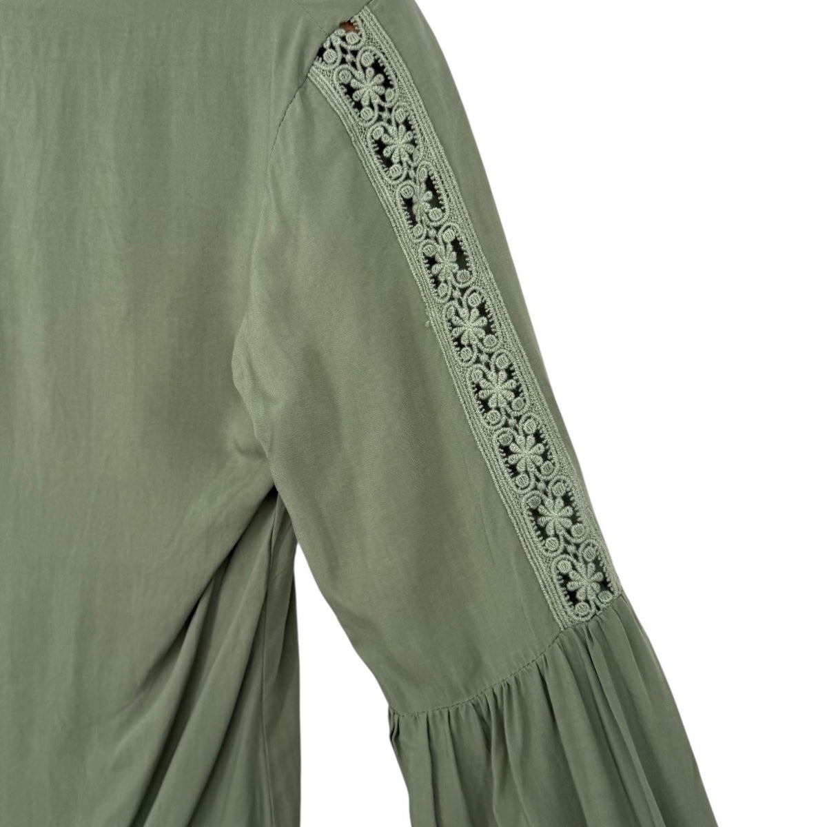 NWT Noble Outfitters XS Olive Green Western Boho Lace Long Sleeve Tassel Blouse