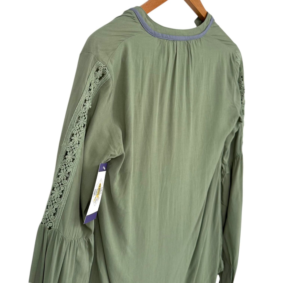 NWT Noble Outfitters XS Olive Green Western Boho Lace Long Sleeve Tassel Blouse