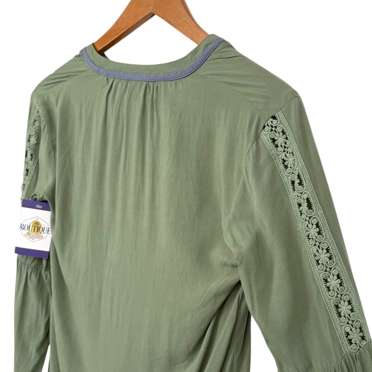 NWT Noble Outfitters XS Olive Green Western Boho Lace Long Sleeve Tassel Blouse