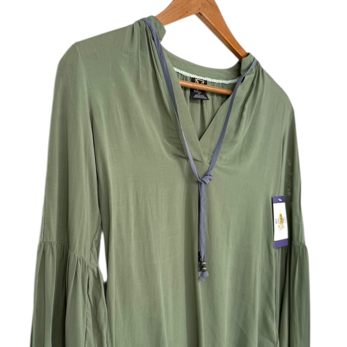 NWT Noble Outfitters XS Olive Green Western Boho Lace Long Sleeve Tassel Blouse