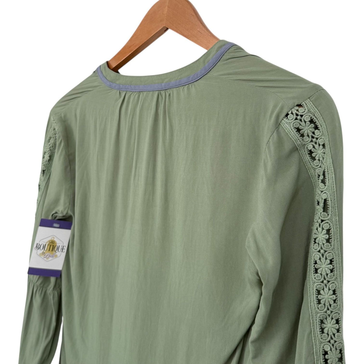 NWT Noble Outfitters XS Olive Green Western Boho Lace Long Sleeve Tassel Blouse