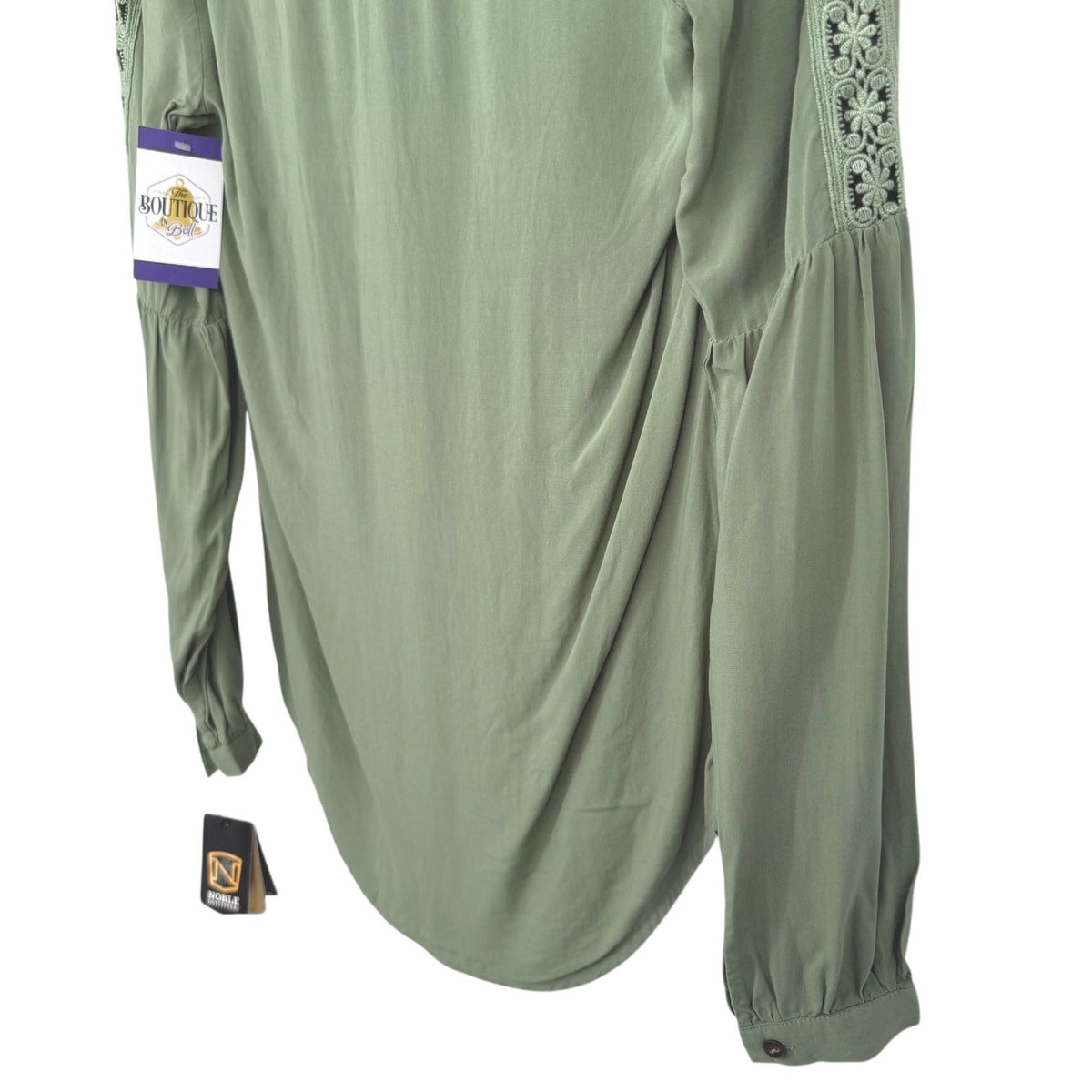 NWT Noble Outfitters XS Olive Green Western Boho Lace Long Sleeve Tassel Blouse