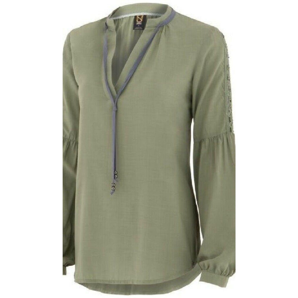 NWT Noble Outfitters XS Olive Green Western Boho Lace Long Sleeve Tassel Blouse