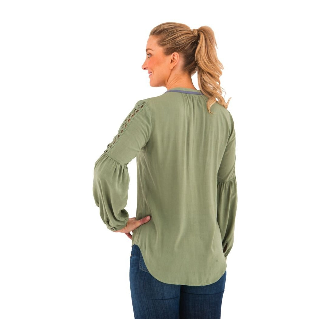 NWT Noble Outfitters XS Olive Green Western Boho Lace Long Sleeve Tassel Blouse