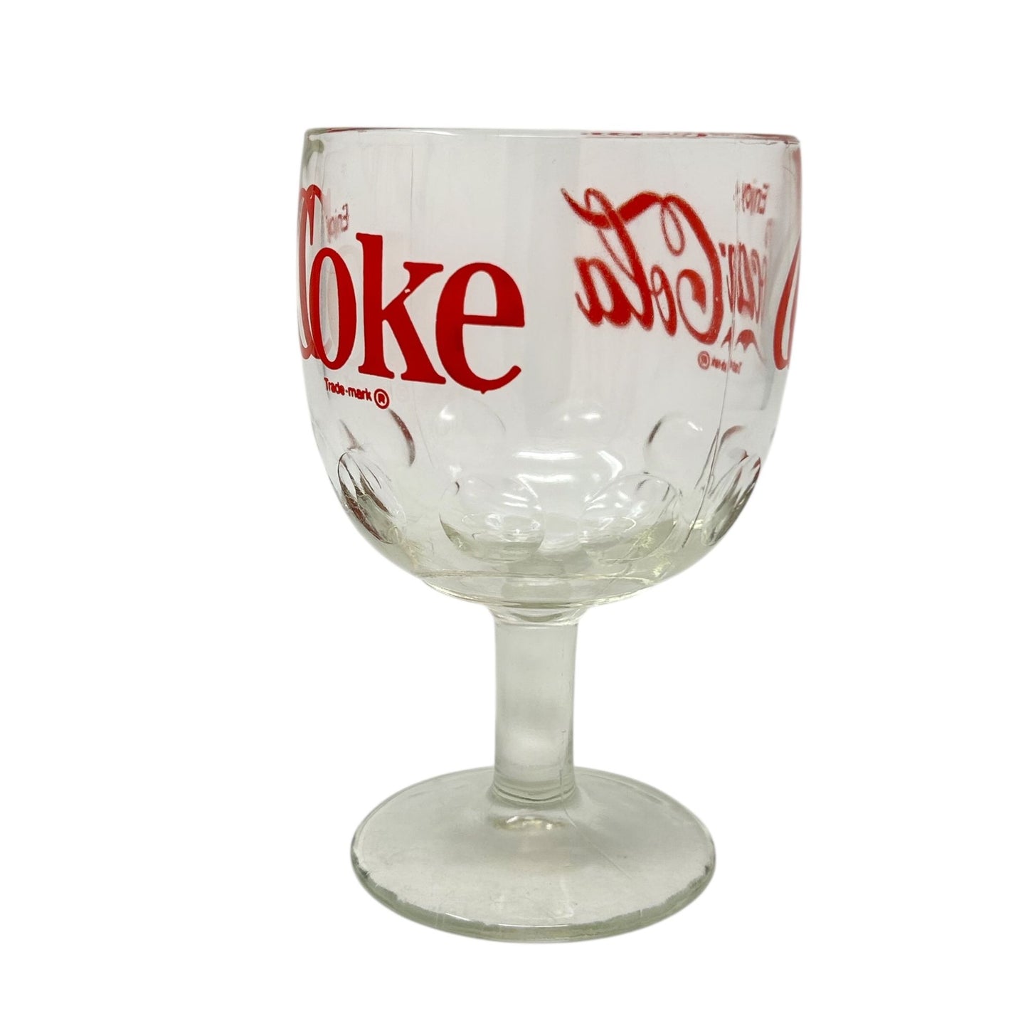 Vintage Enjoy Coca-Cola Retro Glass Thumbprint Goblet Red Logo Print Coke