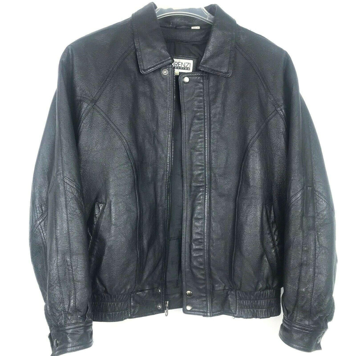 Vintage Florenzi Mens L Black Leather Jacket Bomber Biker Aviator Elastic Waist