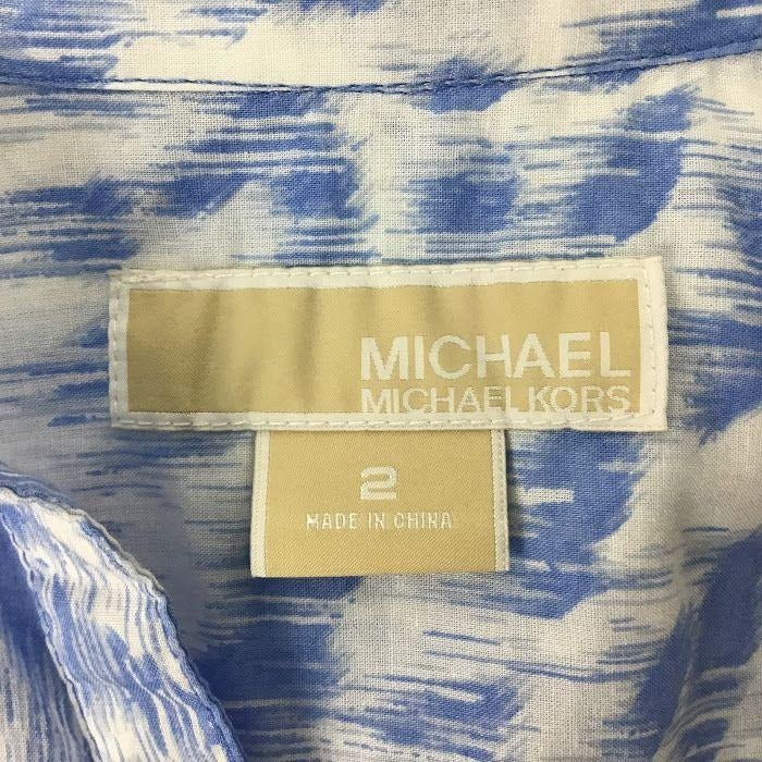 Michael Kors 2 Blue Aztec Print Blouse White Roll Tab Long Sleeve Button Up