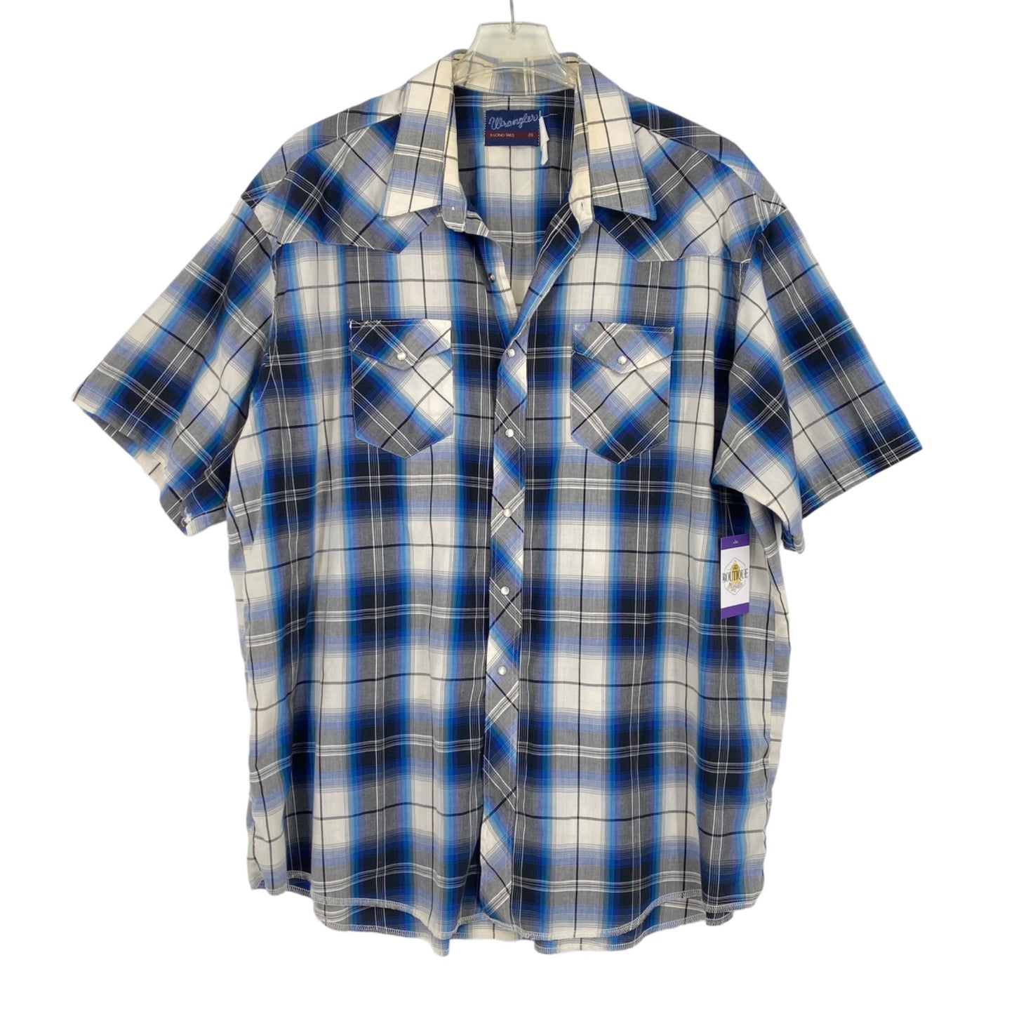 Wrangler Mens 20 Short Sleeve Pearl Snap X Long Tails Blue White Plaid Thin