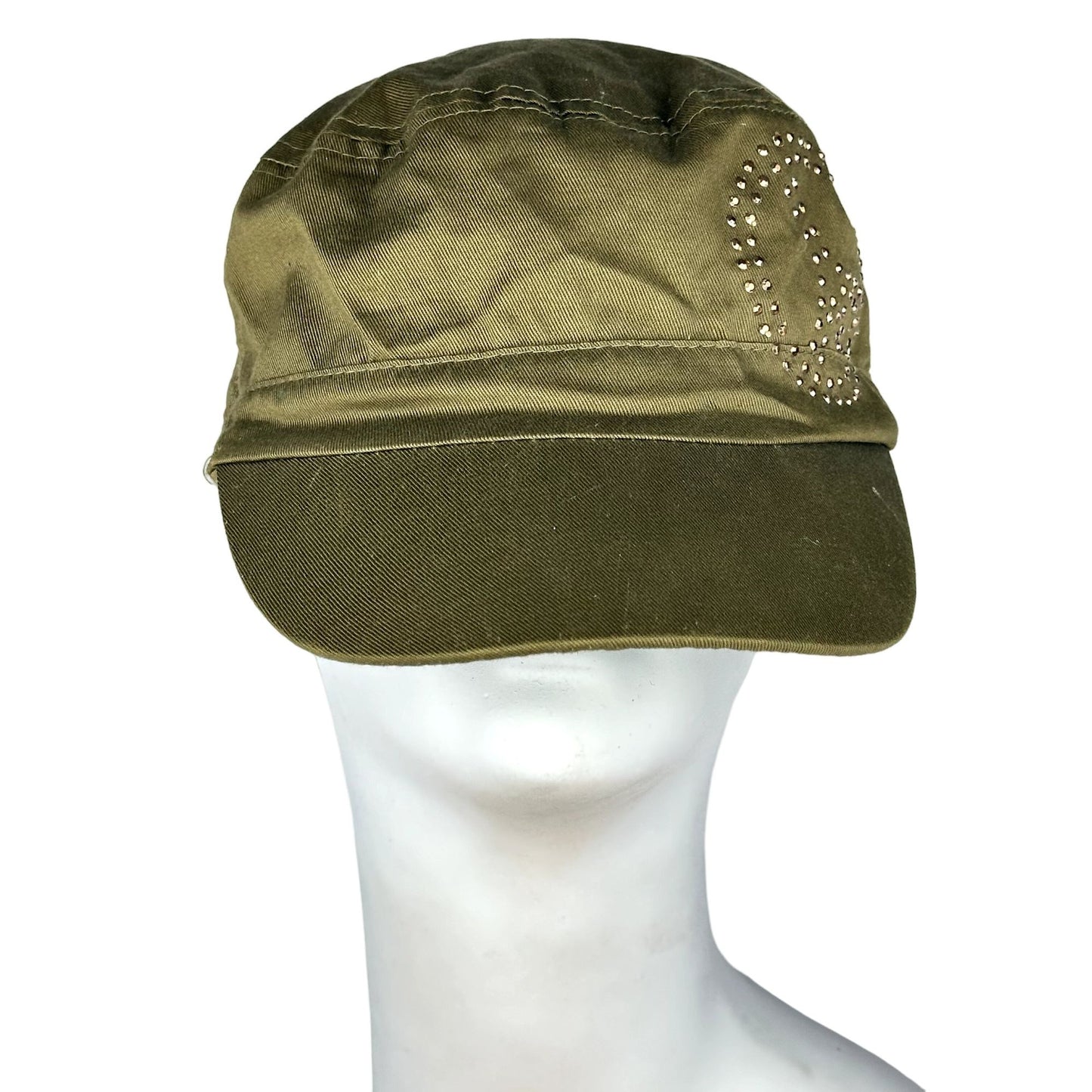 NWT Womens Olive Green Cadet Cap Hat Peace Rhinestone One Size Small Bill