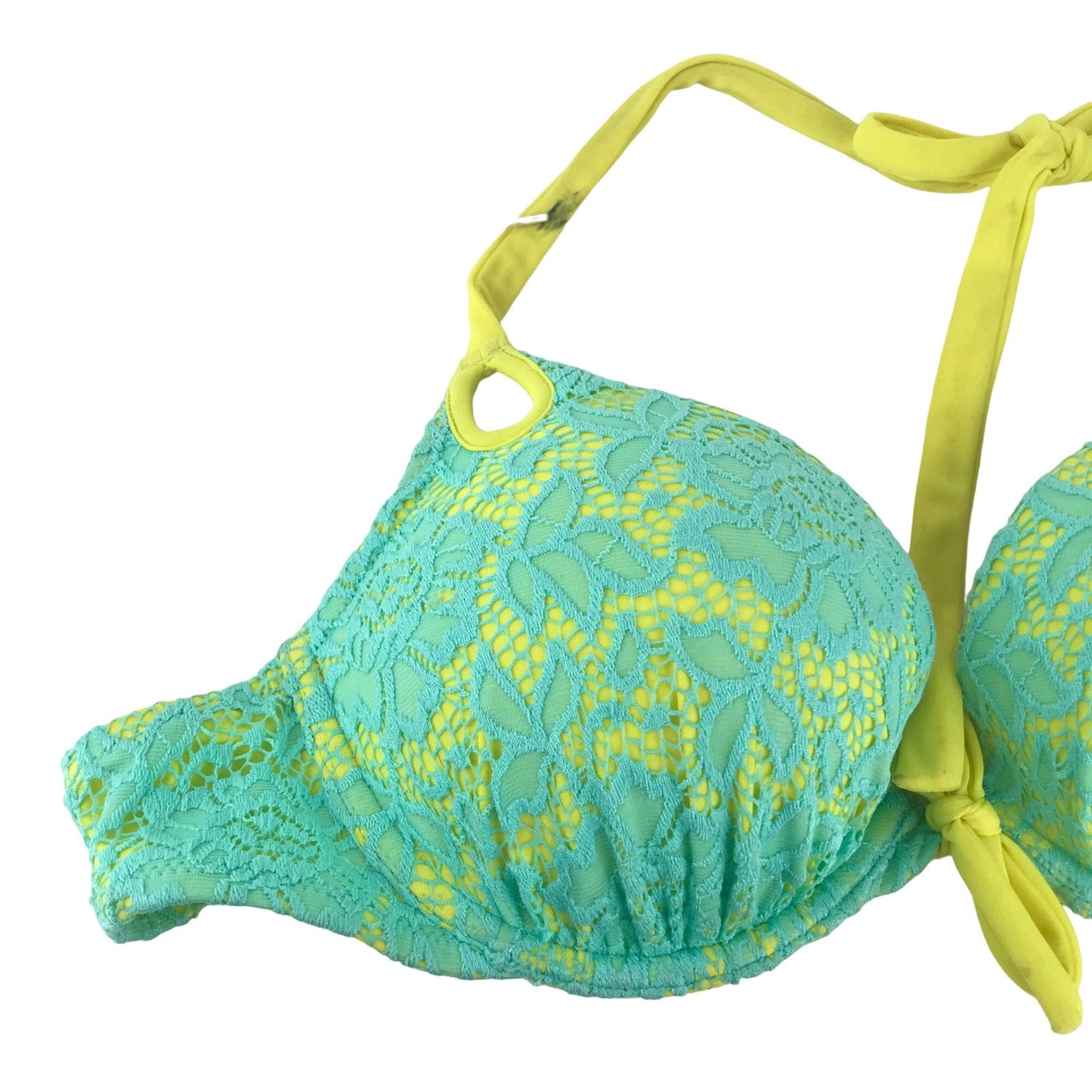 Victoria Secret 34B Teal Yellow Lace Bikini Swim Top Push Up Halter Neck Tie