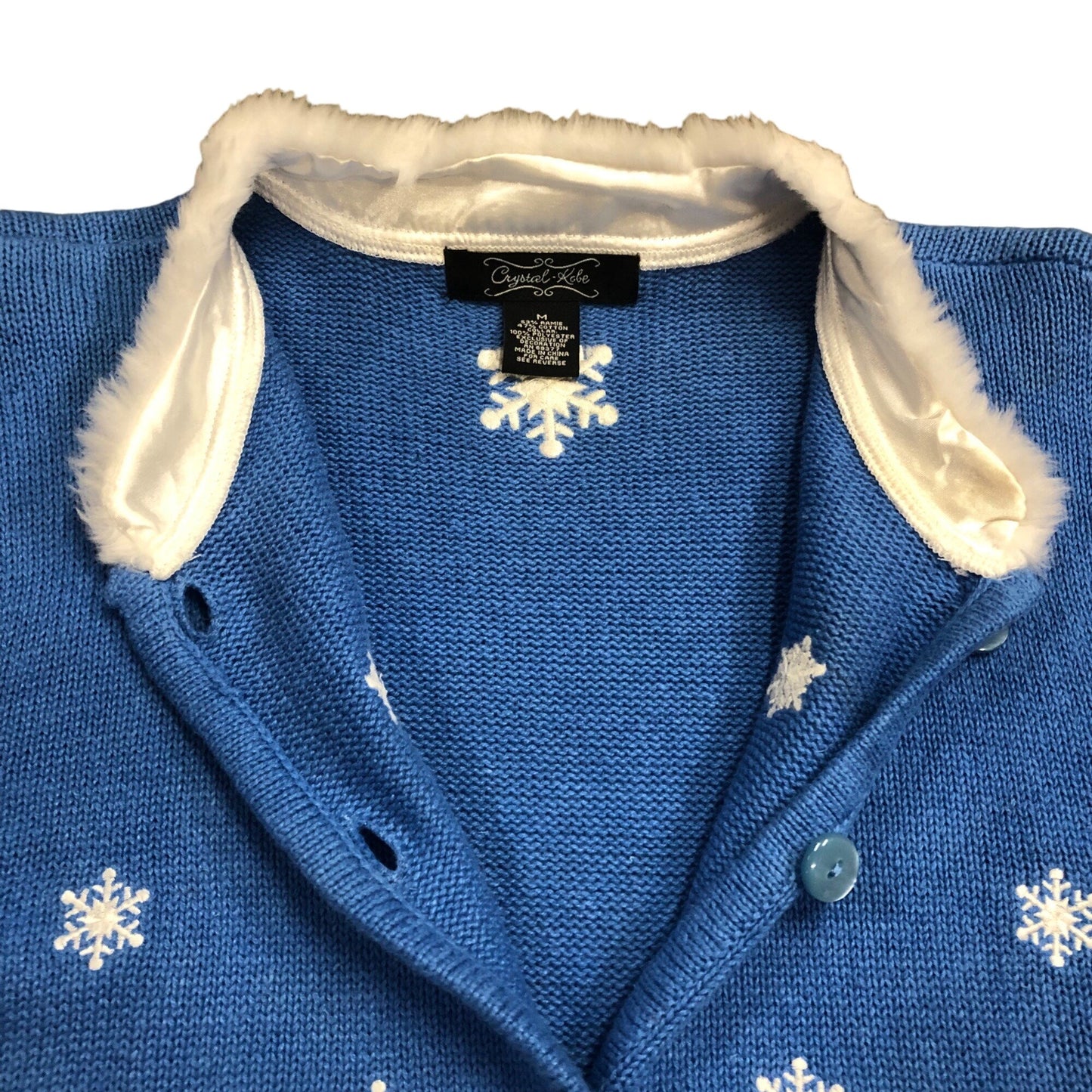 Vintage Crystal Kobe M Blue Front Button Sweater Christmas Tree Faux Fur Trim