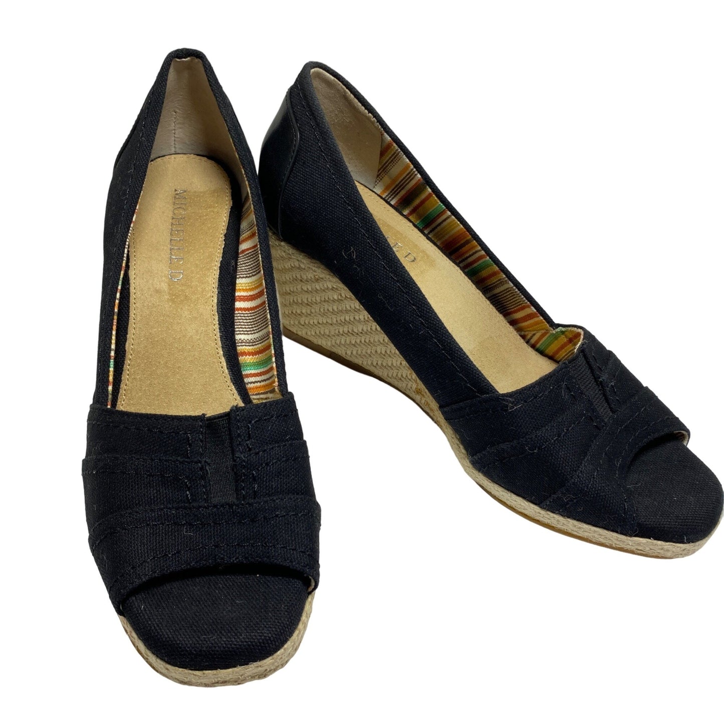 MICHELLE D 7.5 Black Espadrille Womens Open Toe Wedge Heels