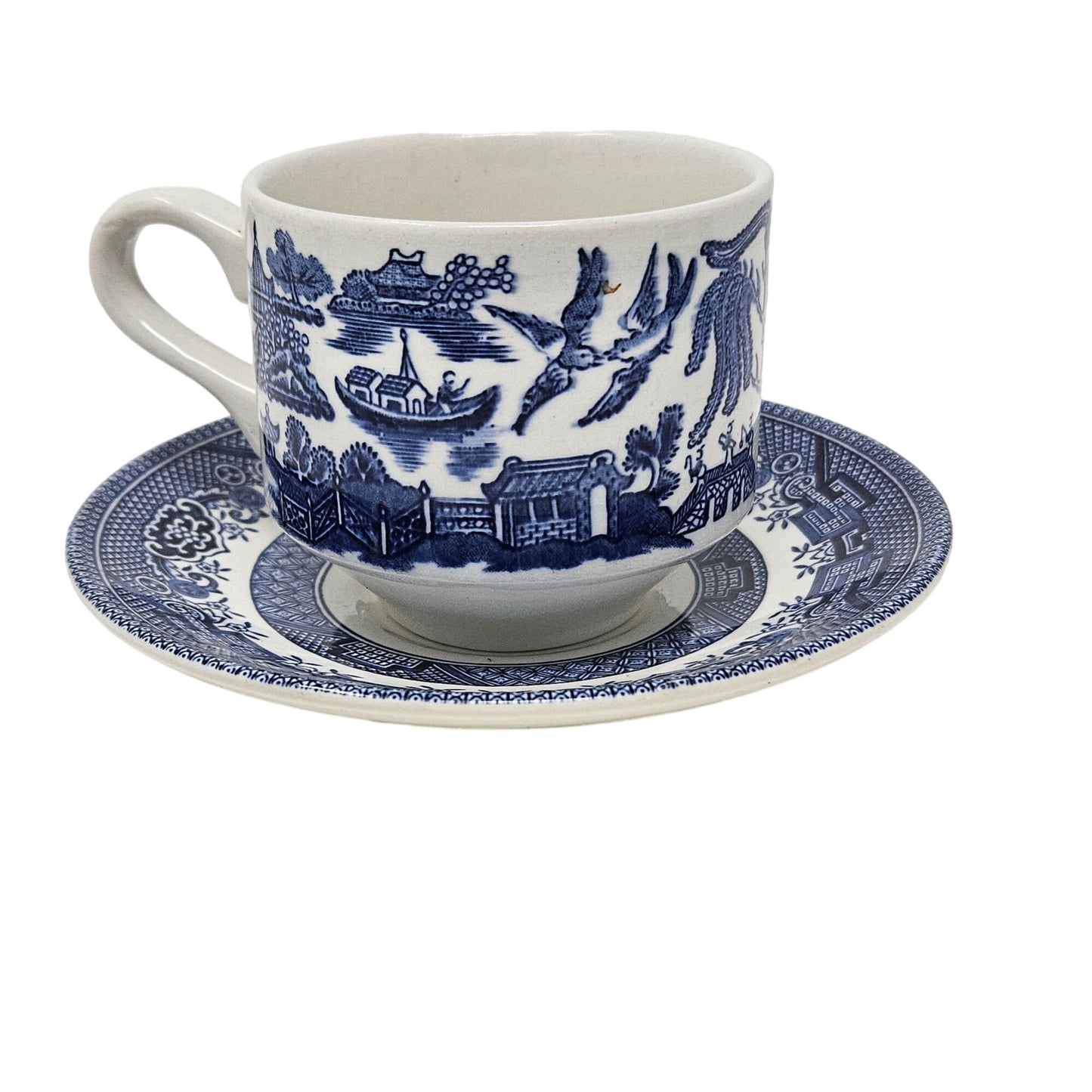 Vintage Churchill Blue White Willow Tea Cup and Saucer Set of 2 England 1950s