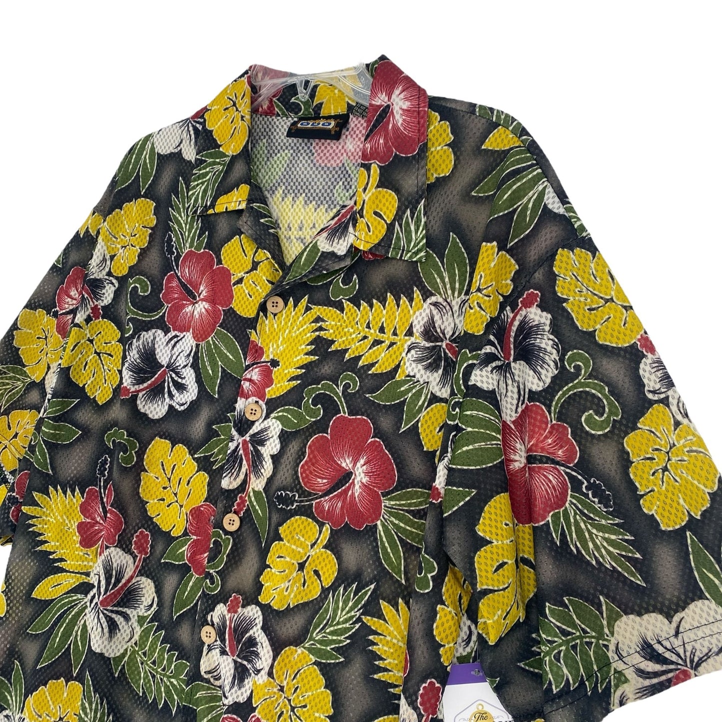 Vtg ODO Hawaiian Shirt XL Mesh Coconut Buttons 90s y2K Resort Cruise Beach Wear