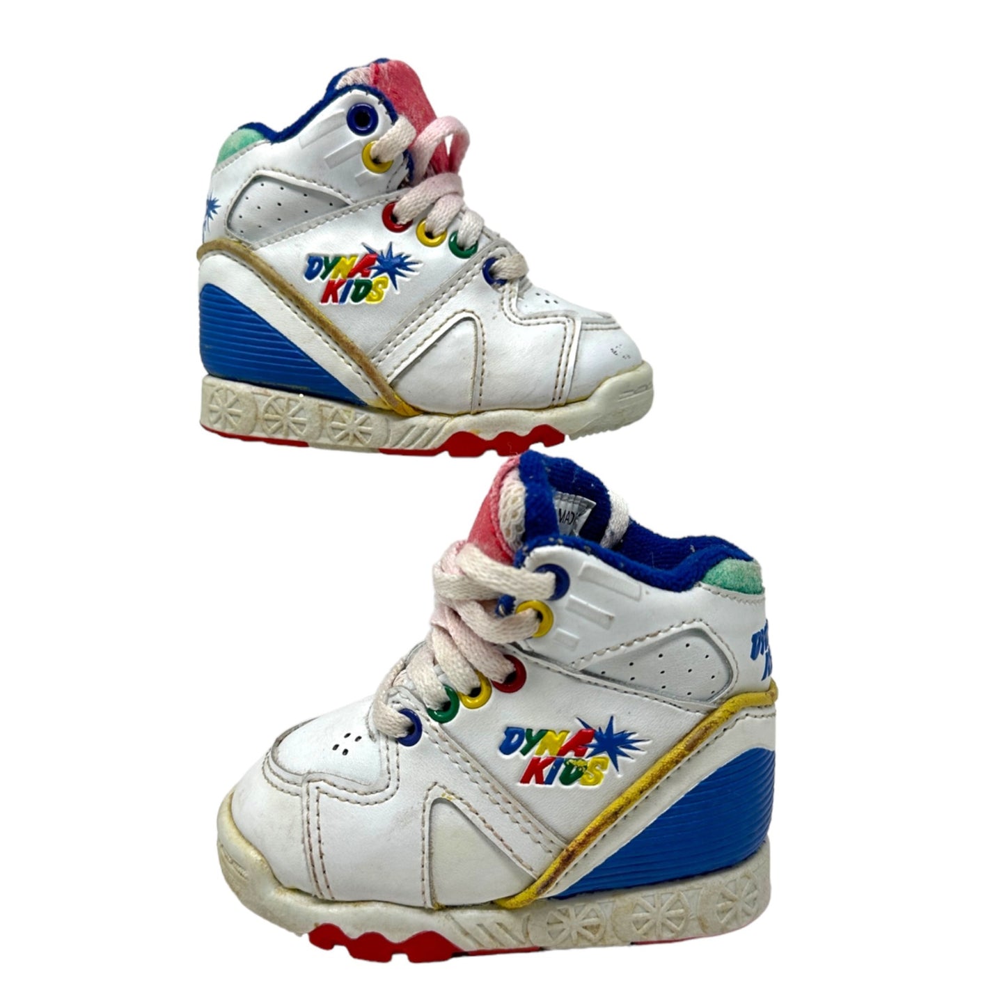 Vintage Dyna Kids Baby 3 Lace Up Sneakers White Red Blue Yellow Tennis Shoes