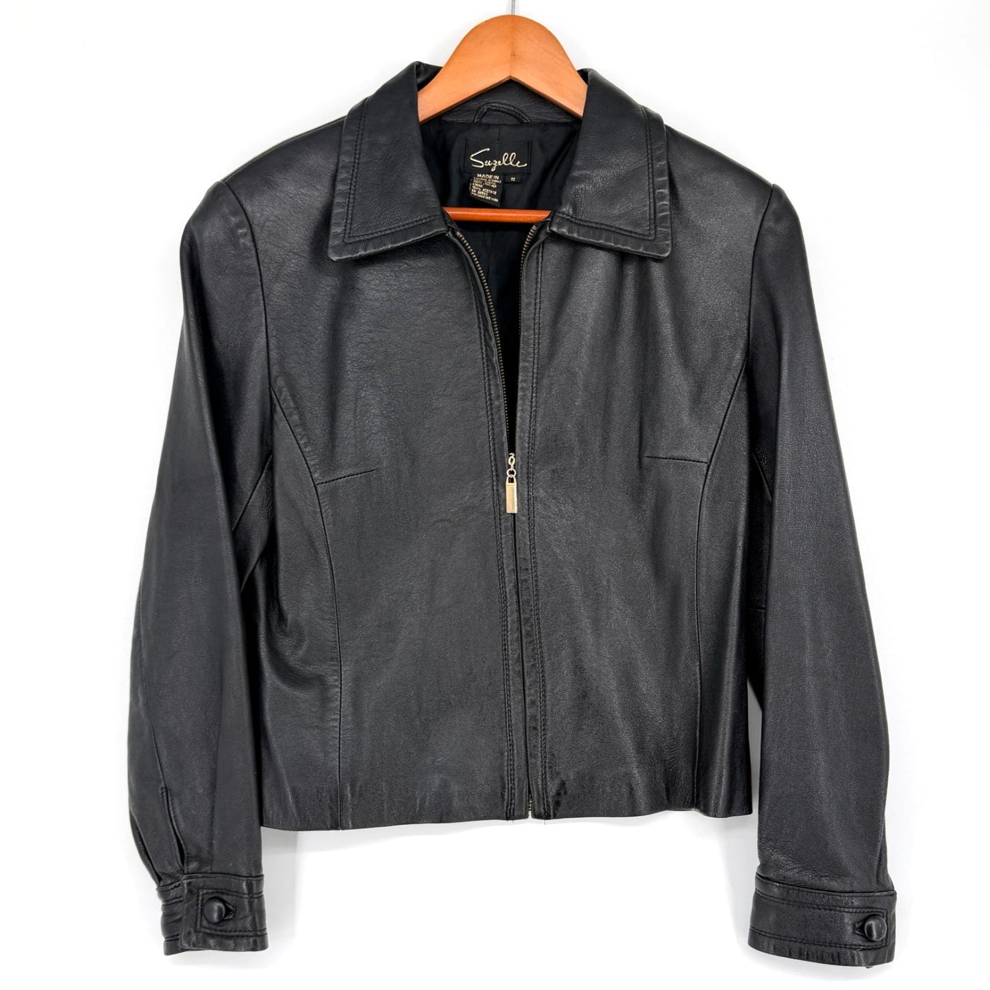 Suzelle Black Leather Jacket Womens S Vtg Full Zip Classic Fitted Gold Hardware
