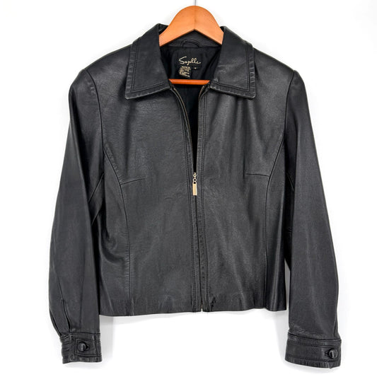 Suzelle Black Leather Jacket Womens S Vtg Full Zip Classic Fitted Gold Hardware