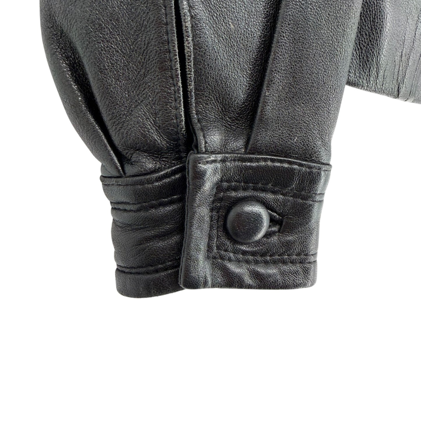 Suzelle Black Leather Jacket Womens S Vtg Full Zip Classic Fitted Gold Hardware