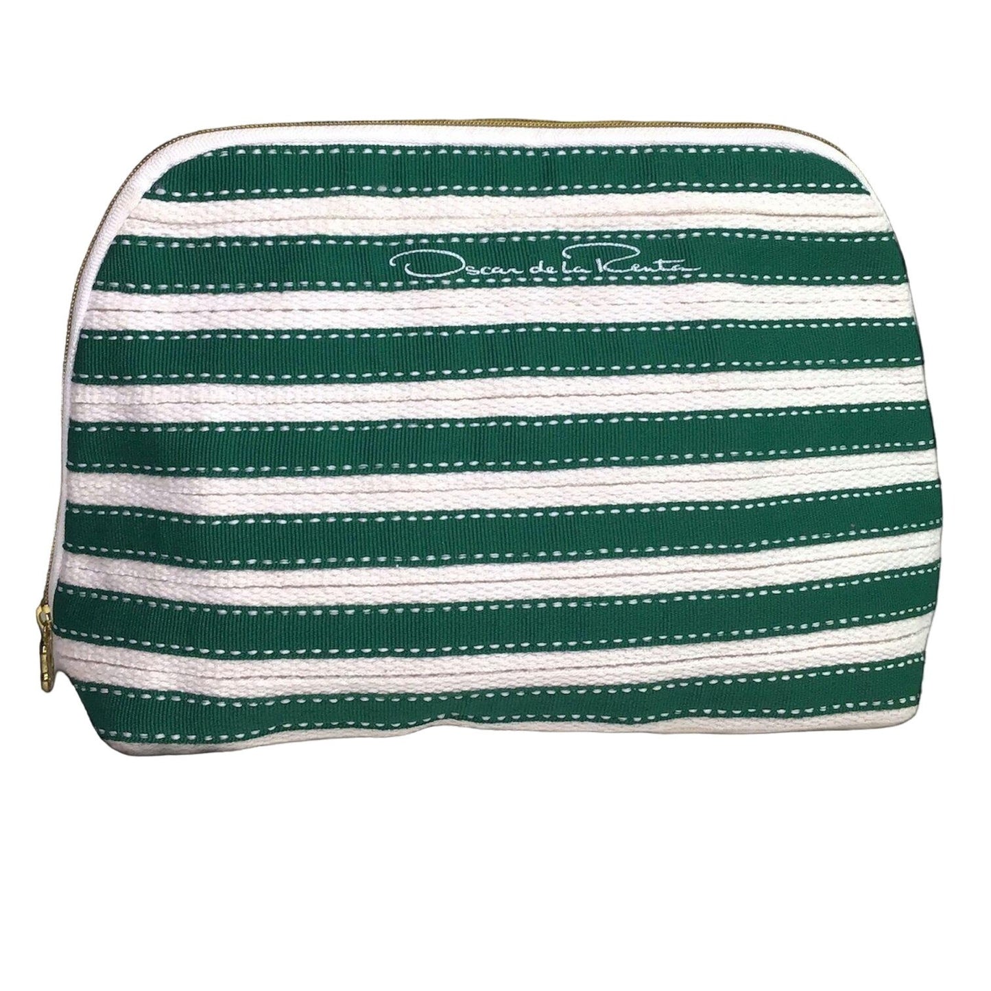 Vintage Oscar de la Renta MakeUp Bag Travel Bag Green White Stripe Zip Closure