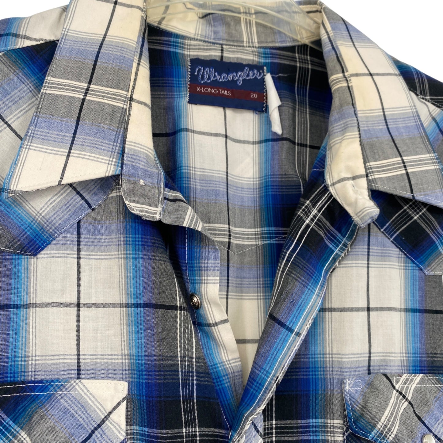 Wrangler Mens 20 Short Sleeve Pearl Snap X Long Tails Blue White Plaid Thin