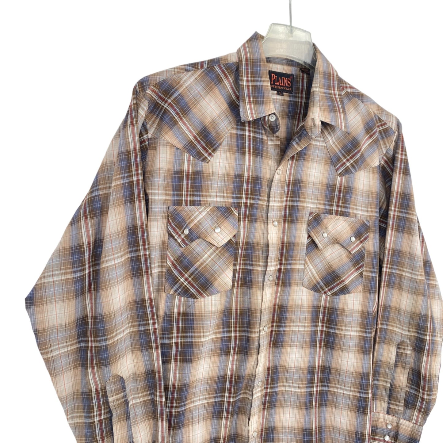 Plains Western Wear L Pearl Snap Button Up Brown Blue Red Plaid Long Sleeve Thin