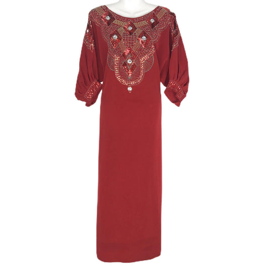 Red Maxi Column Dress Beaded 3/4 Sleeve Arabic Kaftan Islamic Muslim Embellished