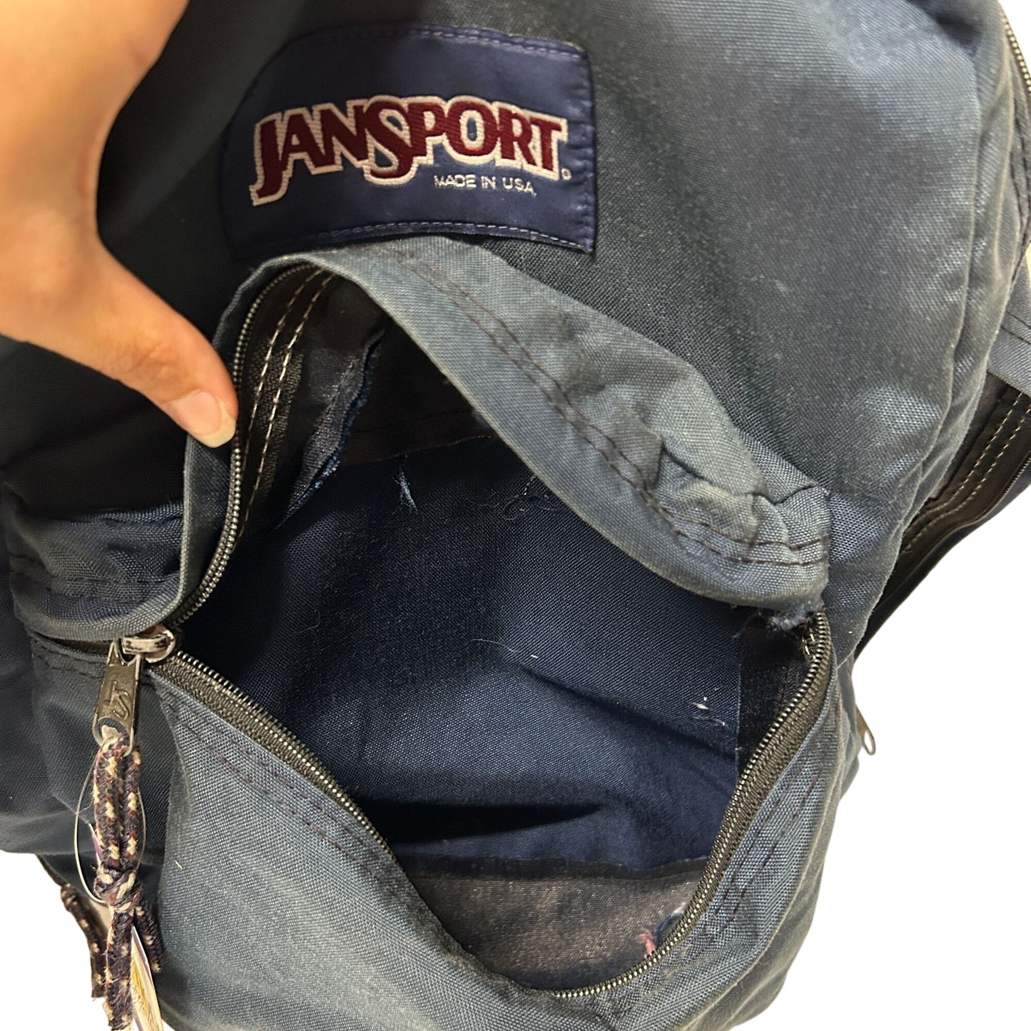 Vintage JANSPORT Blue Canvas Backpack Brown Leather Bottom - Made in USA