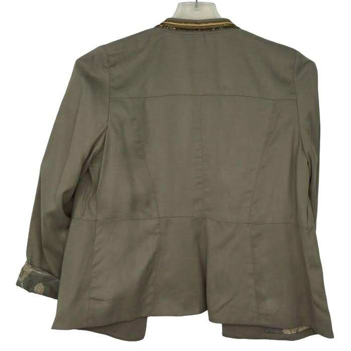 Chicos S Olive Green Jacket Military Style Cuffed Sleeve Open Front Mandarin