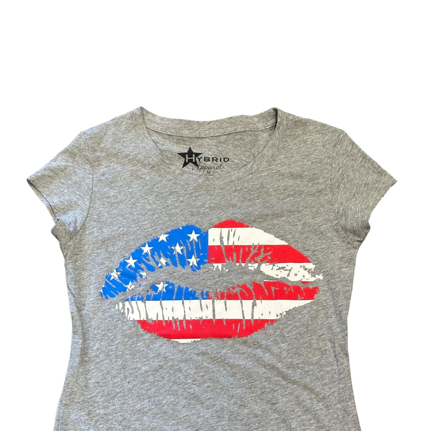 Hybrid Apparel Womens M Patriotic Kiss Tshirt USA Flag Lips Gray Short Sleeve