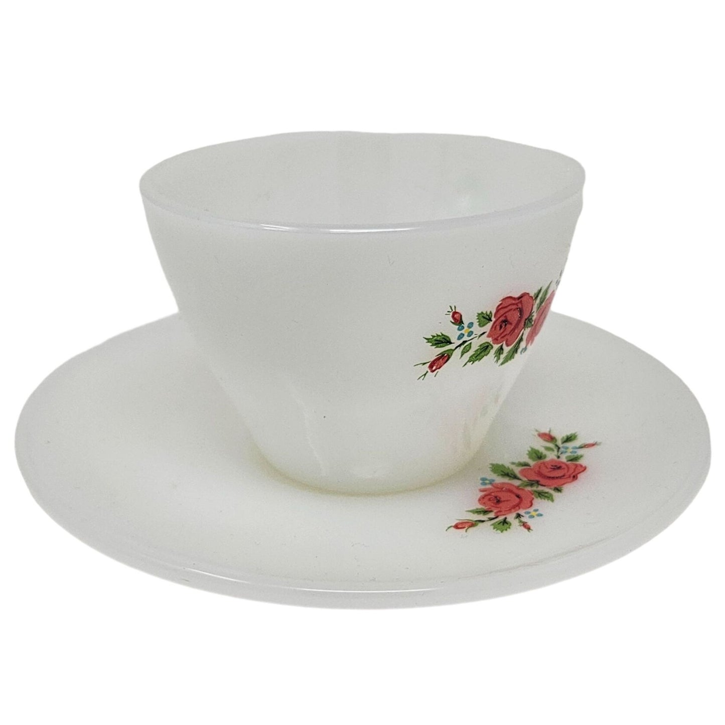 Vintage Anchor Hocking Fire King Milk Glass Red Rose Tea Cup and Saucer Set